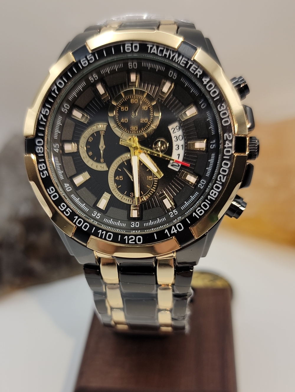 NEW ⌚️ Polished Black & Gold Mens Chunky 47mm Quartz Date Watch 5 Link Band